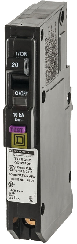 Square D QO120PDFC Circuit Breaker, CAFCI, Mini, 20 A, Plug, 1-Pole, 120 V