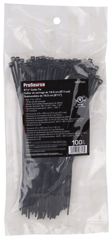 ProSource CV165W-1003L Cable Tie, 39 mm Max Bundle Dia, Self-Lock Locking, Nylon, Black