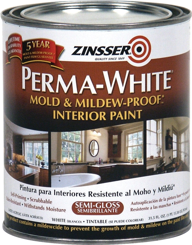 Zinsser 02754 Kitchen and Bath Paint, Semi-Gloss, White, 1 qt Can, Water