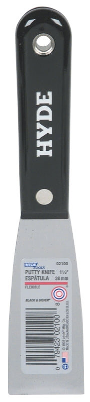 Hyde 02100 Putty Knife, 3-3/4 in L Blade, 1-1/2 in W Blade, HCS Blade, Black/Silver Handle, Nylon Handle