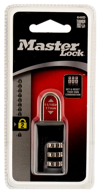Master Lock 646D Padlock, 13/16 in W Body, 1/8 in Dia Shackle, 11/16 in H Shackle, Steel Shackle, Zinc Body, Black