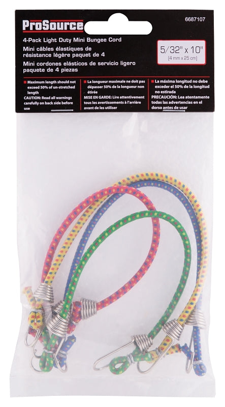 ProSource FH64074 Stretch Cord, 4 mm Dia, 10 in L, Blue/Green/Red/Yellow, Hook End