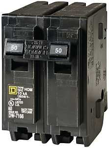 Square D Homeline HOM250CP Circuit Breaker, Mini, 50 A, 2 -Pole, 120/240 V, Fixed Trip, Plug Mounting, Black