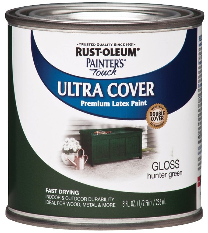 Rust-Oleum 1938730 Enamel Paint, Water Base, Gloss Sheen, Hunter Green, 0.5 pt, Can, 120 sq-ft Coverage Area
