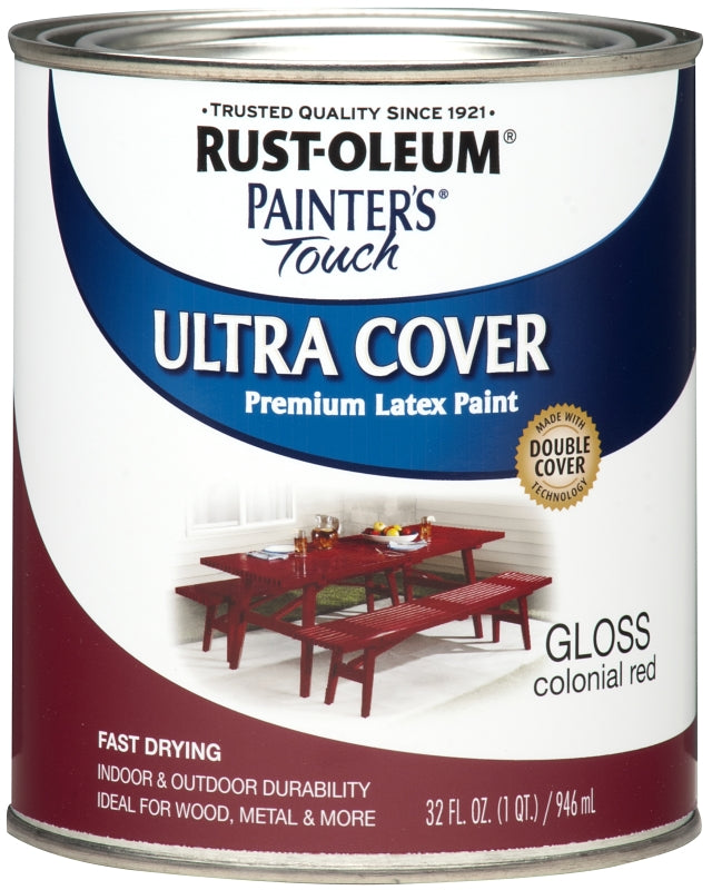 Rust-Oleum 1964502 Enamel Paint, Water Base, Gloss Sheen, Colonial Red, 1 qt, Can, 120 sq-ft Coverage Area