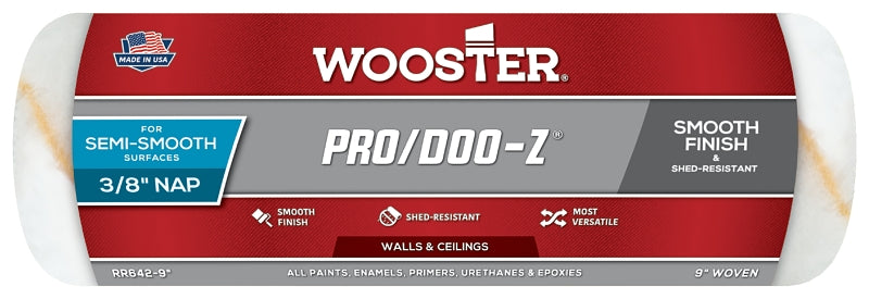 Wooster RR642-9 Roller Cover, White, 3/8 in Thick Nap, 9 in L, Woven Fabric Cover