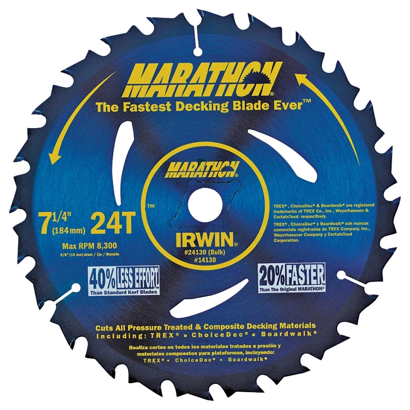 Irwin Marathon 24130 Circular Saw Blade, Carbide Cutting Edge, 7-1/4 in Dia, 5/8 in Arbor, 24-Teeth, Pack of 10