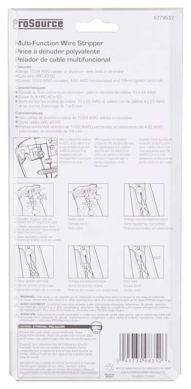 ProSource KY-665T3L Wire Stripper, 10 to 24 AWG Wire, 10 to 24 AWG Stripping, 10 to 24 AWG Cutting Capacity