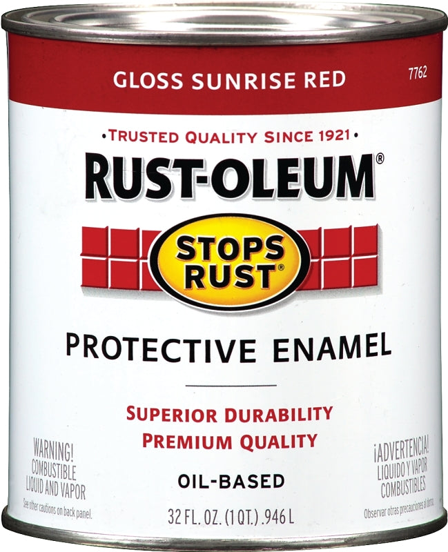 Stops Rust 7762502 Enamel Paint, Oil Base, Gloss Sheen, Sunrise Red, 1 qt, Can, 50 to 90 sq-ft/qt Coverage Area