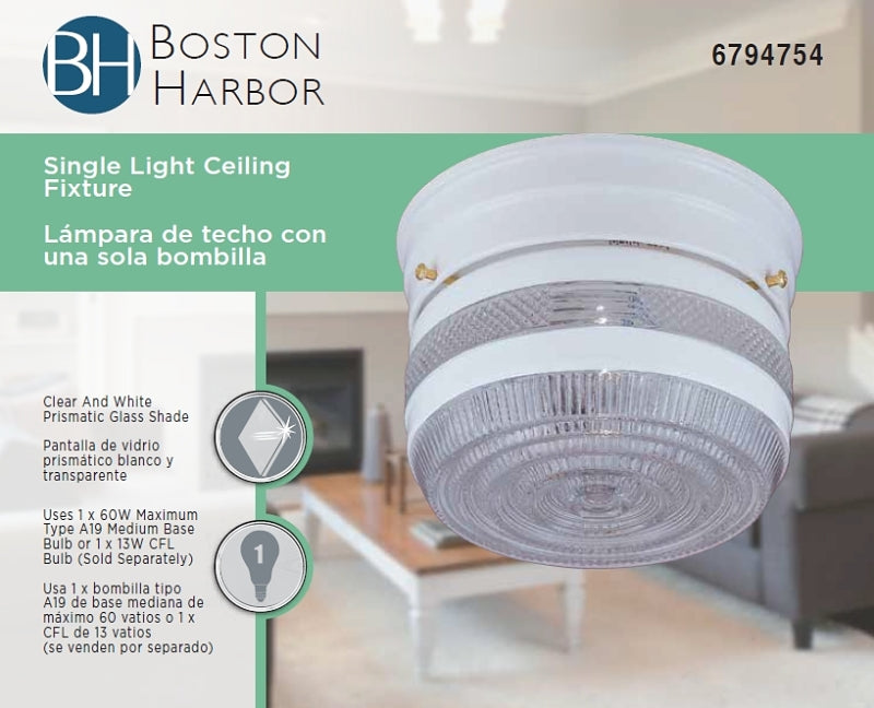 Boston Harbor F13WH01-6859CL-3L Single Light Ceiling Fixture, 120 V, 60 W, 1-Lamp, A19 or CFL Lamp, White Fixture