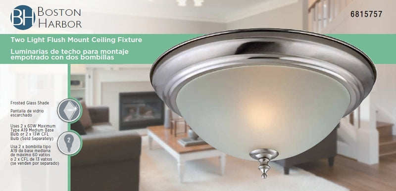 Boston Harbor F51WH02-1005-BN Two Light Flush Mount Ceiling Fixture, 120 V, 60 W, 2-Lamp, A19 or CFL Lamp