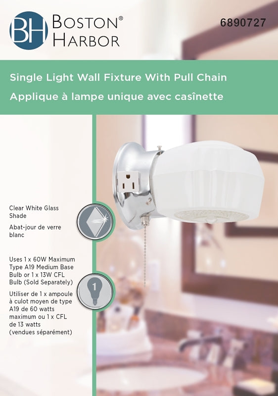 Boston Harbor W39CH01LS-34473L Bracket Wall Light Fixture, 60 W, 1-Lamp, A19 or CFL Lamp, Steel Fixture, Chrome Fixture