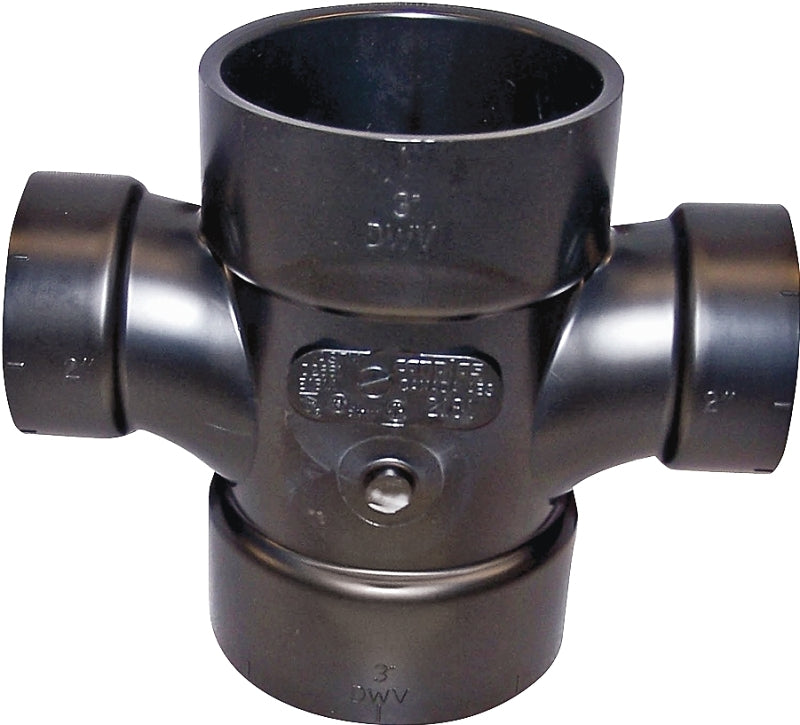 Canplas 102188BC Reducing Double Sanitary Pipe Tee, 2 x 1-1/2 in, Hub, ABS, Black