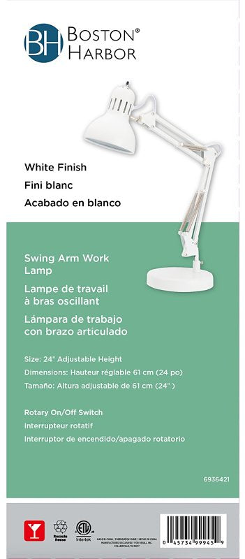 Boston Harbor TL-WK-134E-WH-3L Swing Arm Work Lamp, 120 V, 60 W, 1-Lamp, A19 or CFL Lamp, White