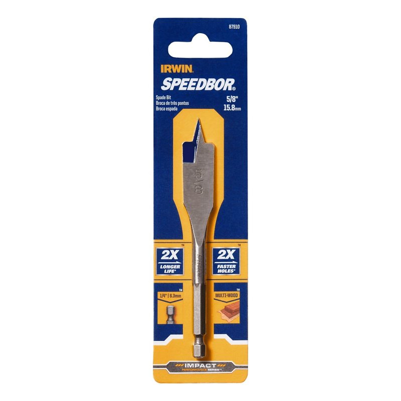 Irwin SPEEDBOR 87910 Spade Drill Bit, 5/8 in Dia, 4 in OAL, Short Length, Flat Flute, 1/4 in Dia Shank, Hex Shank