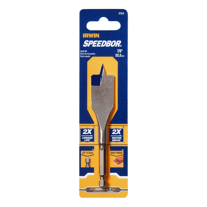 Irwin SPEEDBOR 87914 Spade Drill Bit, 7/8 in Dia, 4 in OAL, Short Length, Flat Flute, 1/4 in Dia Shank, Hex Shank