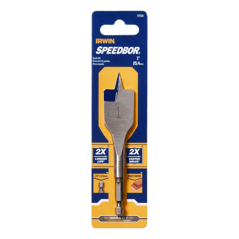 Irwin SPEEDBOR 87916 Spade Drill Bit, 1 in Dia, 4 in OAL, Short Length, Flat Flute, 1/4 in Dia Shank, Hex Shank