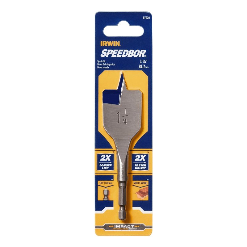 Irwin SPEEDBOR 87920 Spade Drill Bit, 1-1/4 in Dia, 4 in OAL, Short Length, Flat Flute, 1/4 in Dia Shank, Hex Shank