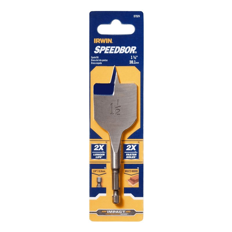 Irwin SPEEDBOR 87924 Spade Drill Bit, 1-1/2 in Dia, 4 in OAL, Short Length, Flat Flute, 1/4 in Dia Shank, Hex Shank