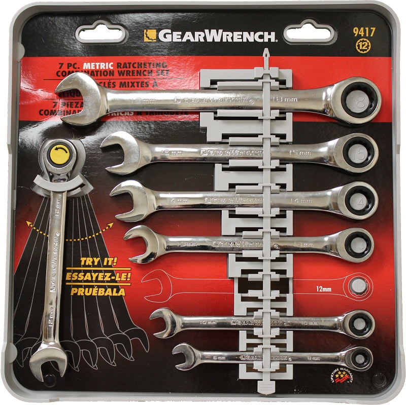 GearWrench 9417 Wrench Set, 7-Piece, Steel, Polished Chrome, Specifications: Metric Measurement