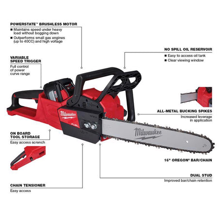 Milwaukee M18 FUEL 2727-21HD 16 in. 18 V Battery Chainsaw Kit (Battery & Charger)