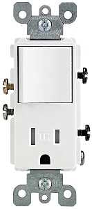 Leviton 5625 Series R62-T5625-0WS Combination Switch/Receptacle, 1-Pole, 15 A, 120 V Switch, 125 V Receptacle, White
