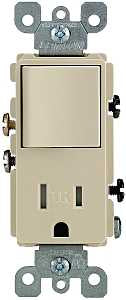 Leviton 5625 Series S01-T5625-0IS Combination Switch/Receptacle, 1-Pole, 15 A, 120 V Switch, 125 V Receptacle, Ivory