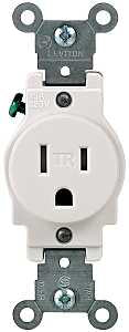 Leviton R52-T5015-0WS Single Receptacle, 2 -Pole, 125 V, 15 A, Back and Side Wiring, NEMA: NEMA 5-15R, White