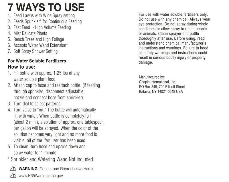 Chapin G405 Hose End Sprayer, Spray, 2-1/2 in Tank Mouth Opening, 32 oz Cup, Poly