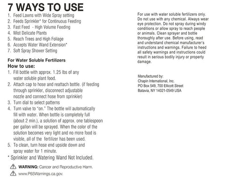 Chapin G405 Hose End Sprayer, Spray, 2-1/2 in Tank Mouth Opening, 32 oz Cup, Poly