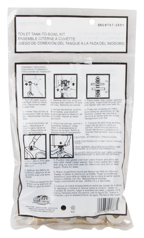 ProSource TW0917 Tank-to-Bowl Connector Kit, (2) Closet Bolts (1) Washer-Piece, Rubber (Washer)/Steel (Closet Bolts)