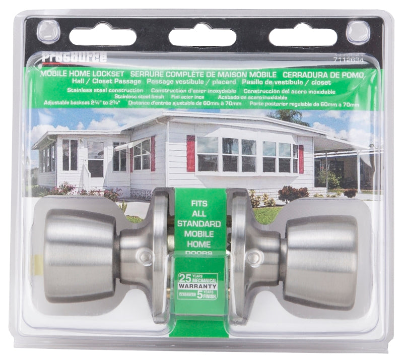 ProSource T-5764SS-PS Passage Knob, Metal, Stainless Steel, 2-3/8 to 2-3/4 in Backset, 1-3/8 to 1-3/4 in Thick Door