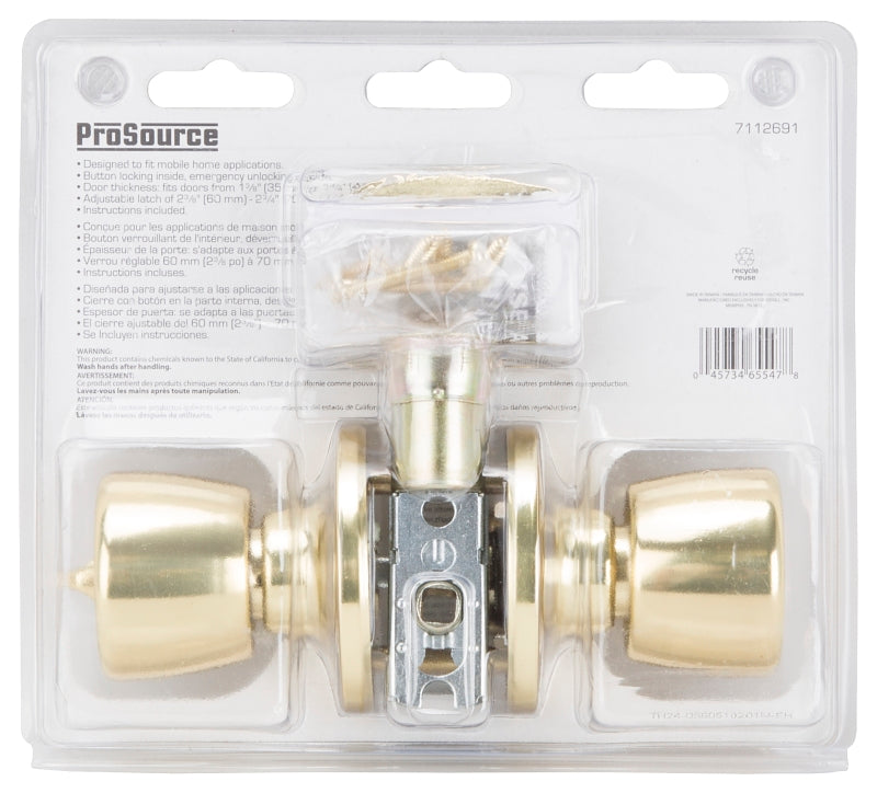 ProSource T-5764PB-BK Privacy Lockset, Brass, Polished Brass