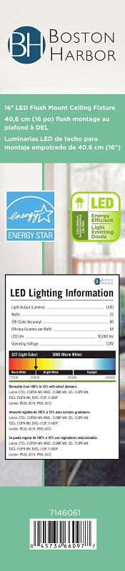 Boston Harbor CL202AC Flush Mount Ceiling Fixture, 120 V, 24 W, 1-Lamp, LED Lamp, 1680 Lumens, 3000 K Color Temp