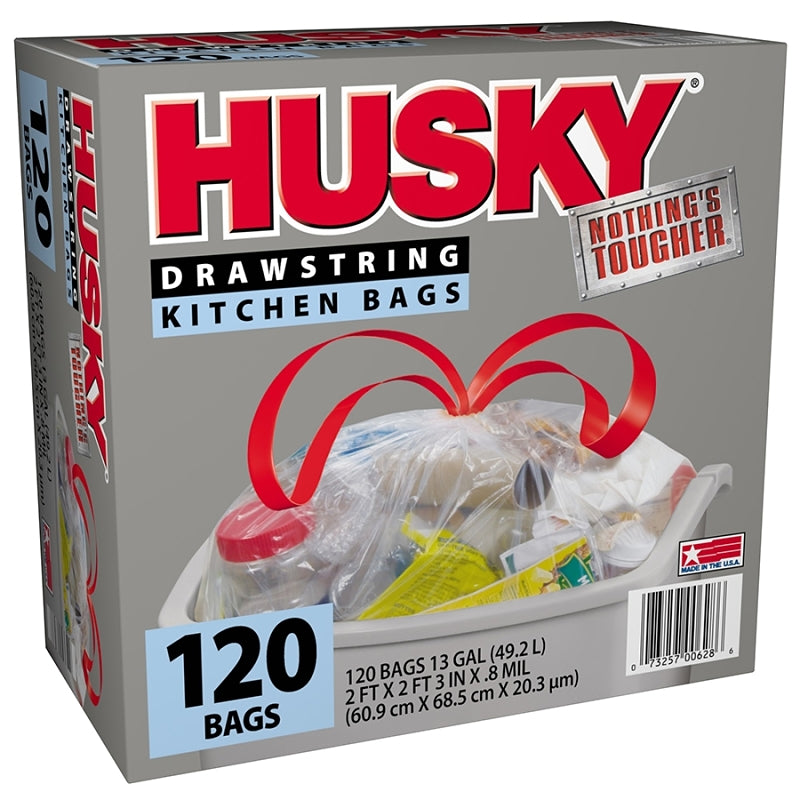 Husky HK13DS120C-P Kitchen Trash Bag, 13 gal Capacity, Polyethylene, Clear