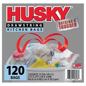 Husky HK13DS120C-P Kitchen Trash Bag, 13 gal Capacity, Polyethylene, Clear