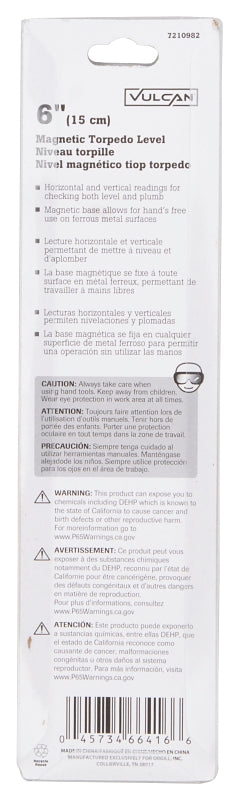 Vulcan 50776D Torpedo Level, 6 in L, 3-Vial, 1-Hang Hole, Magnetic, Plastic, Pack of 12