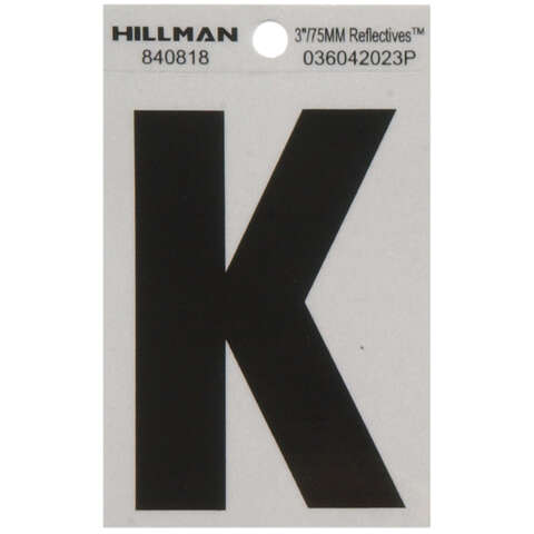 HILLMAN 3 in. Reflective Black Vinyl Self-Adhesive Letter K 1 pc, Pack of 6