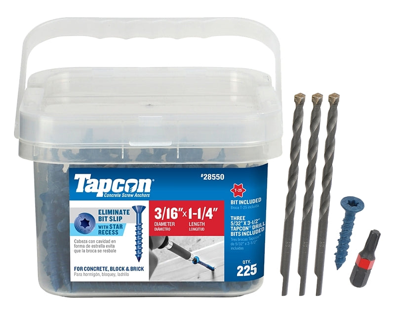 Tapcon 28550 Concrete Screw Anchor, T25 Screw, 3/16 in Dia, 1-1/4 in L, Steel, Climaseal, 225/PK