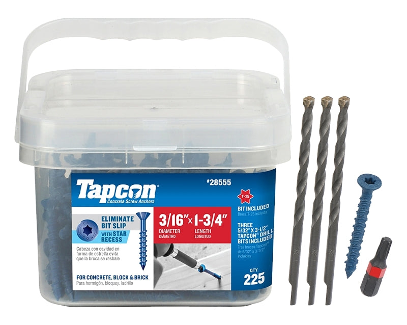 Tapcon 28555 Concrete Screw Anchor, T25 Screw, 3/16 in Dia, 1-3/4 in L, Steel, Climaseal, 225/PK