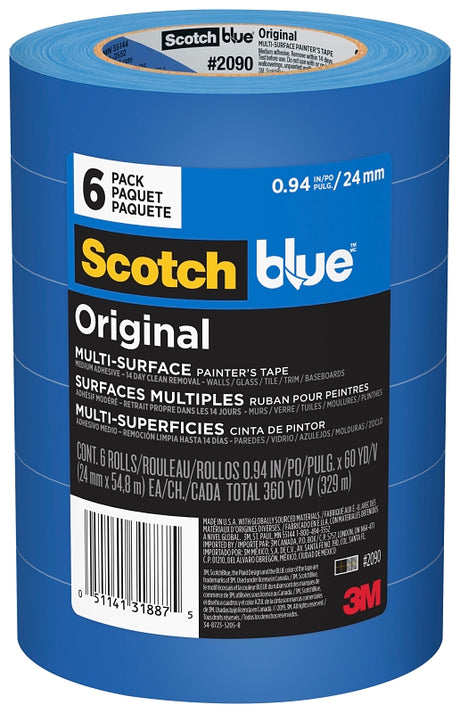 ScotchBlue 2090-24EVP Painter's Tape, Original Multi-Surface, 60 yd L, 0.94 in W, Crepe Paper Backing, Blue, 6/PK