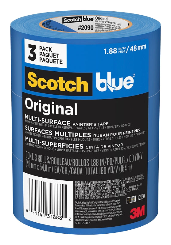 ScotchBlue 2090-48EVP Painter's Tape, Original Multi-Surface, 60 yd L, 1.88 in W, Crepe Paper Backing, Blue