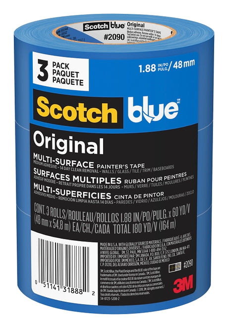 ScotchBlue 2090-48EVP Painter's Tape, Original Multi-Surface, 60 yd L, 1.88 in W, Crepe Paper Backing, Blue