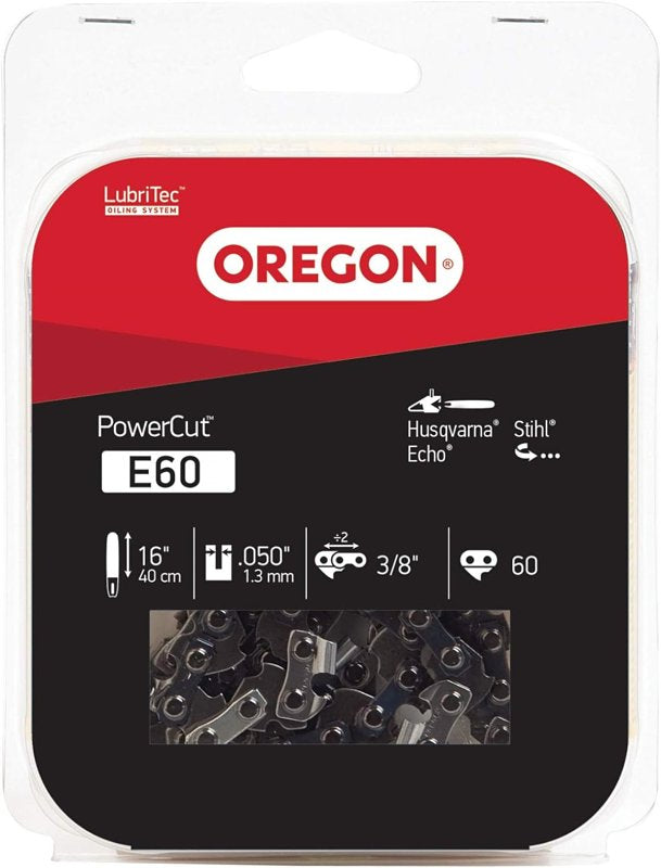 Oregon PowerCut E60 Chainsaw Chain, 16 in L Bar, 0.05 Gauge, 3/8 in TPI/Pitch, 60-Link