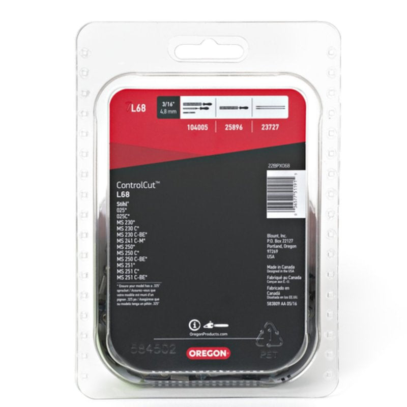 Oregon ControlCut L68 Chainsaw Chain, 22BPX Chain, 18 in L Bar, 0.63 in Gauge, 0.325 in TPI/Pitch, 68-Link