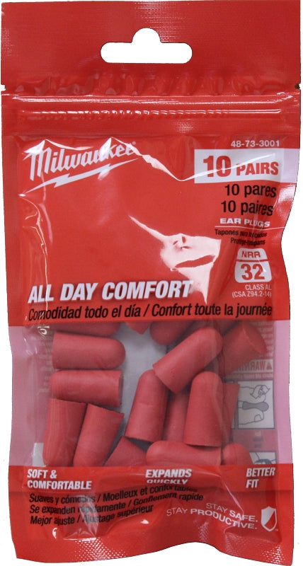 Milwaukee 48-73-3001 Ear Plugs, 32 dB NRR, Tapered, Foam Ear Plug, Red Ear Plug