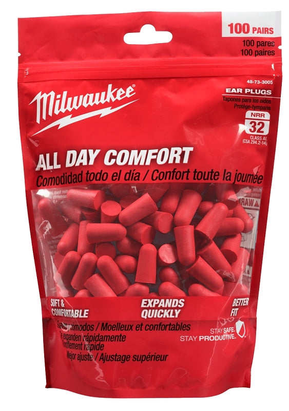 Milwaukee 48-73-3005 Ear Plugs, 32 dB NRR, Tapered, Foam Ear Plug, Red Ear Plug, Includes: (100) Pairs of Ear Plugs