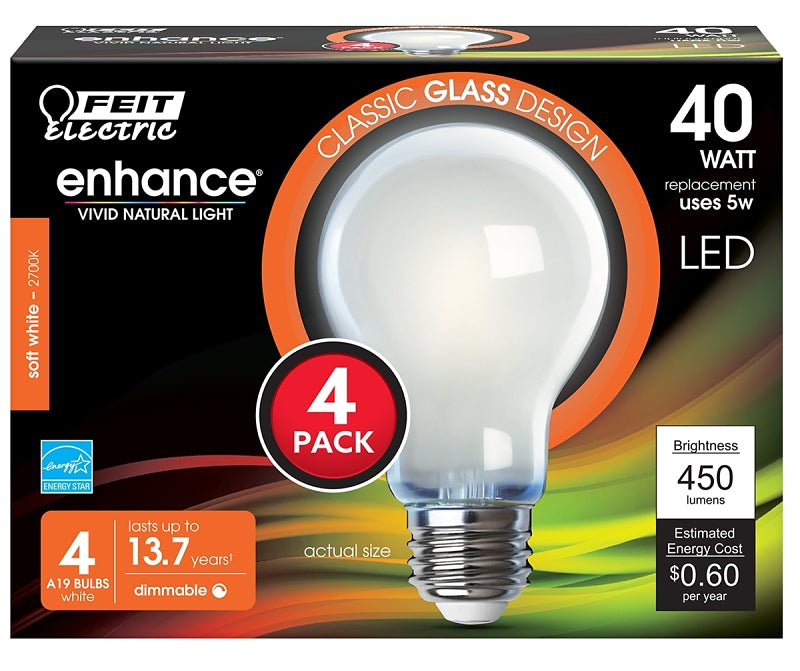 Feit Electric A1940/927CA/FIL/4 LED Bulb, General Purpose, 450 Lumens, 5 W, 120 V, 40 W Equivalent, E26 Lamp Base, Pack of 6