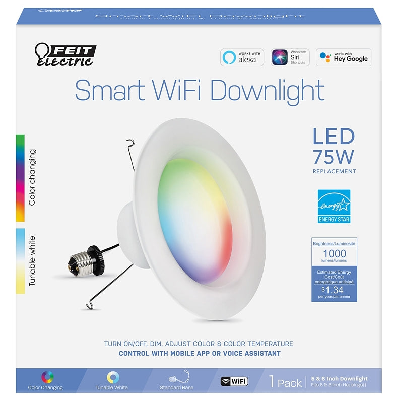 Feit Electric LEDR6/RGBW/AG/RP Smart Wi-Fi Enabled 6 Downlight, 75W Replacement, 1000 Lumens, Tunable White Color Temp and RGBW Color Changing, Pack of 4