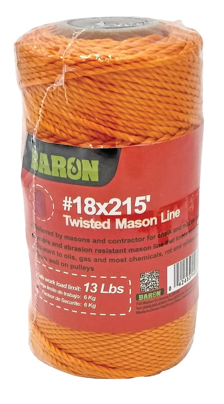 Baron 10812 Twisted Mason Line, #18 Dia, 215 ft L, 13 lb Working Load, Nylon, Orange
